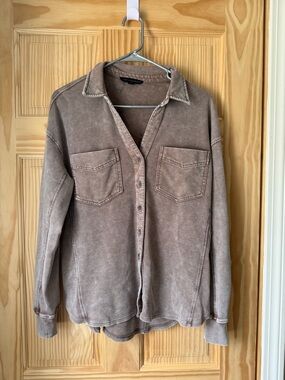 Washed Brown Button-Up Overshirt with Chest Pockets